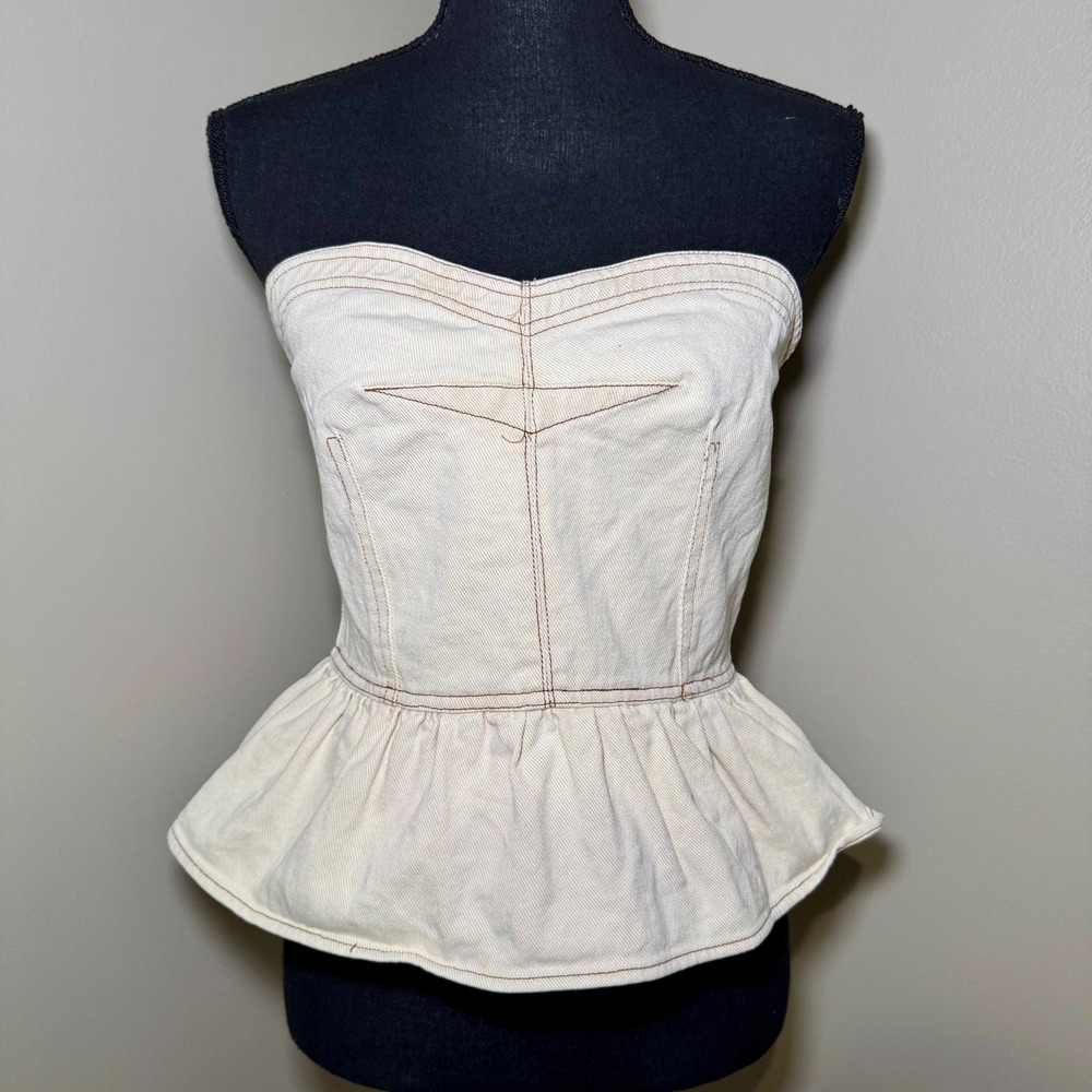 Dash of‎ Nash Cream Denim Peplum Corset Top Strapless Contrast Stitch Small